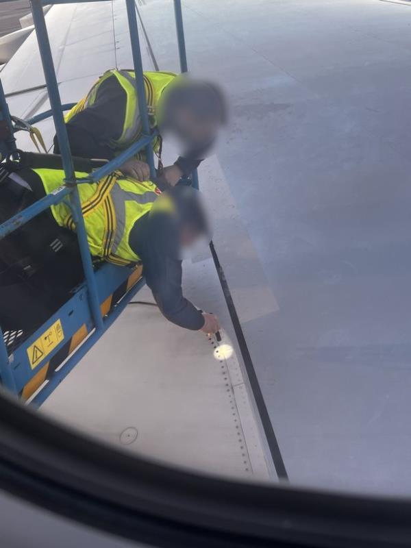 A Brit has told how his partner was left 'panicking' as their plane was grounded when he spotted 'four missing fasteners' on the wing - before filming staff took a screwdriver to them